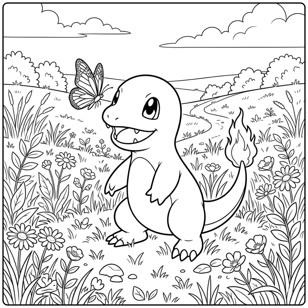 Fun Charmander Watching Toward a Butterfly coloring page