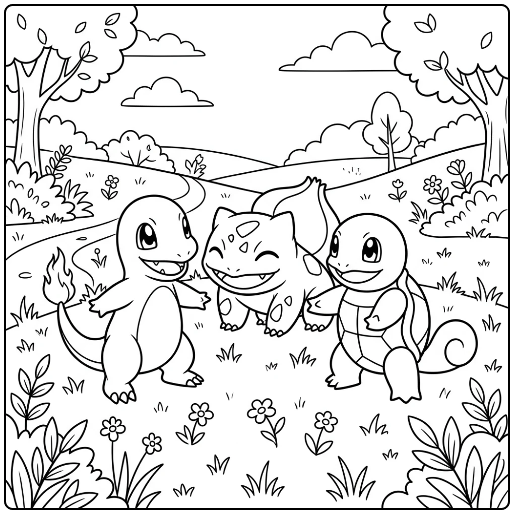 Fun Charmander with the Three Starter Pokemon coloring page