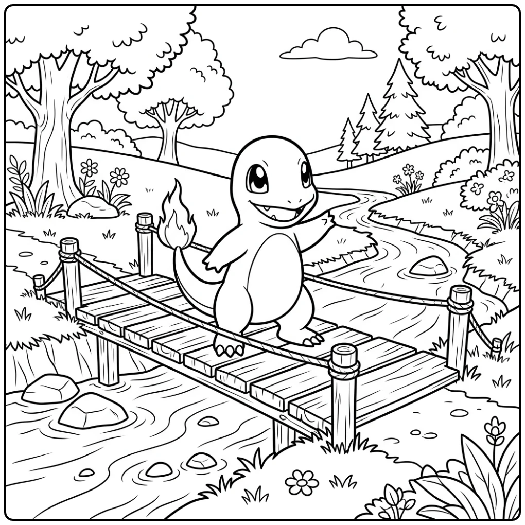 Fun Charmander by a Bridge and Small Stream coloring page
