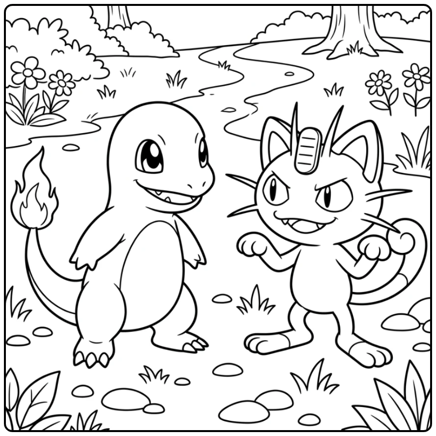 Fun Charmander Meowth in a Duel coloring page
