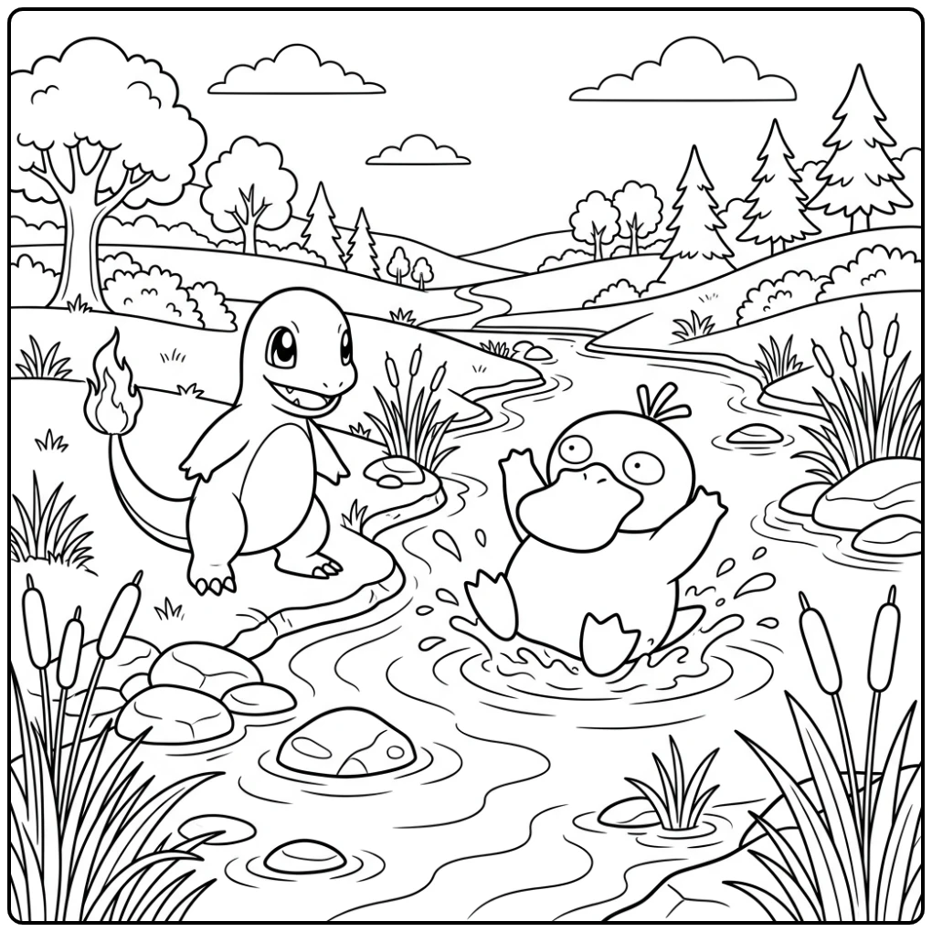 Fun Charmander Psyduck at the Water coloring page