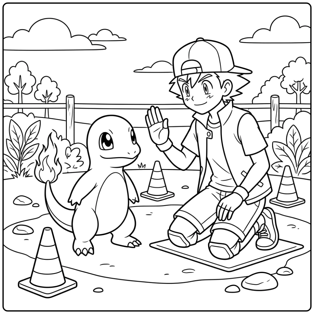 Fun Charmander Ash on the Training Field coloring page