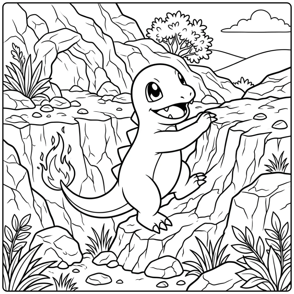 Fun Charmander Full of Action on a Rock Wall coloring page