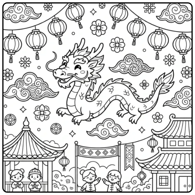 Fun Chinese Dragon Lanterns and Clouds coloring page