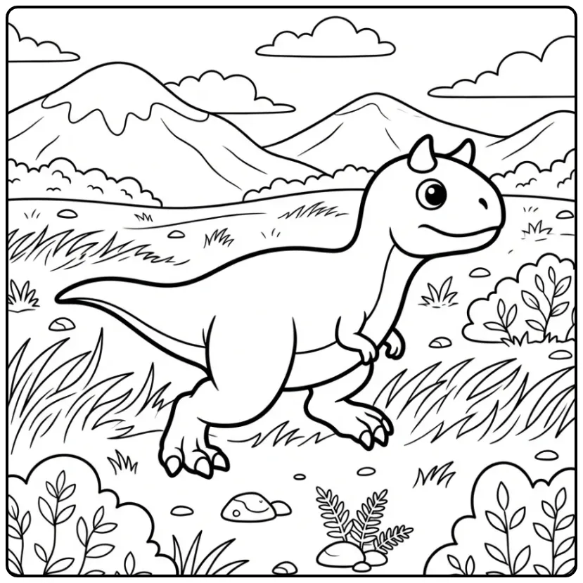 Fun Dinosaur Running Carnotaurus and Mountains coloring page