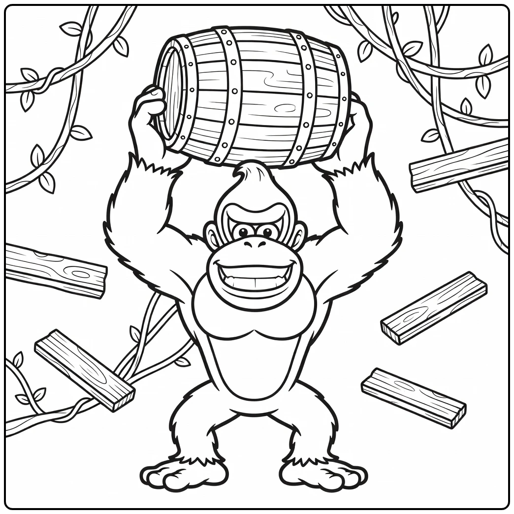 Fun Donkey Kong with Wooden Barrels and Vines coloring page