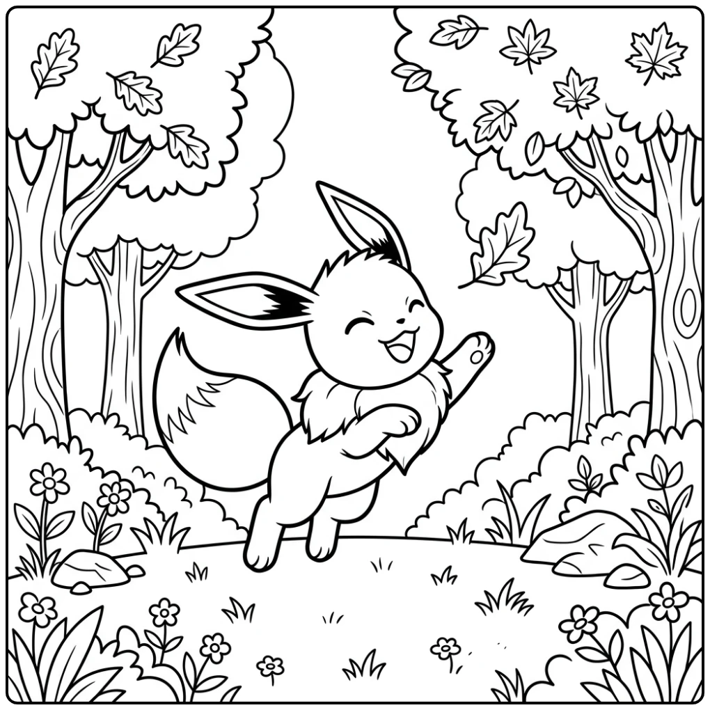 Cheerful Eevee Jumping in the Forest coloring page