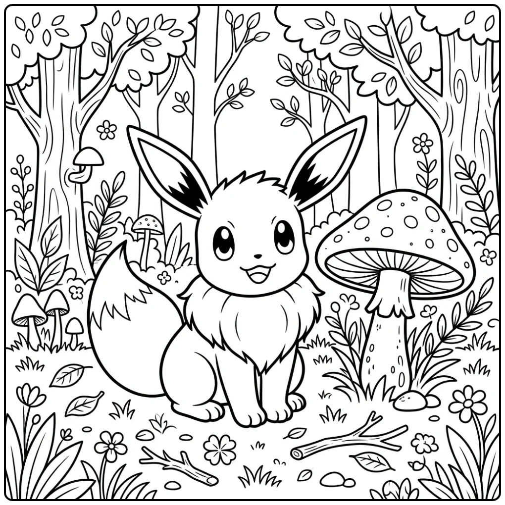 Fun Eevee in a Fairy-tale Forest coloring page