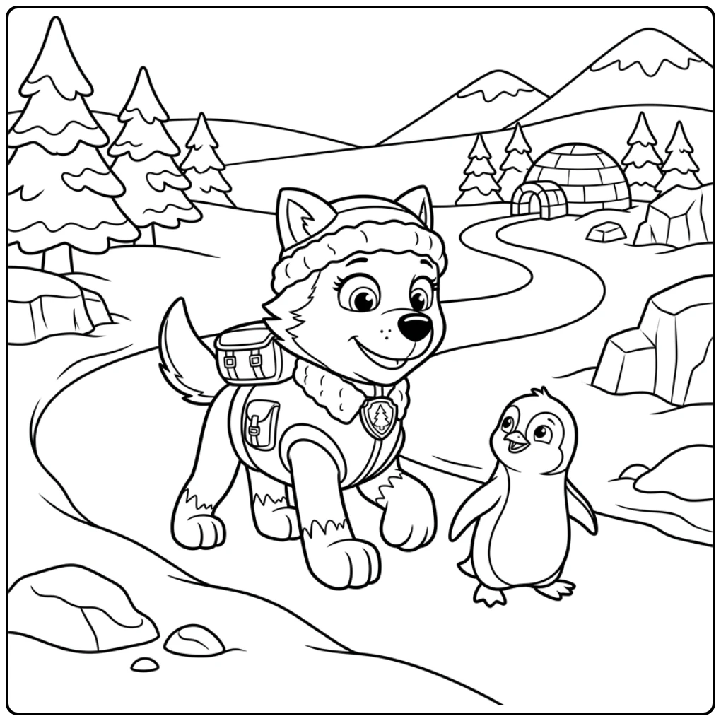 Fun Everest Paw Patrol Penguin in the Snow coloring page