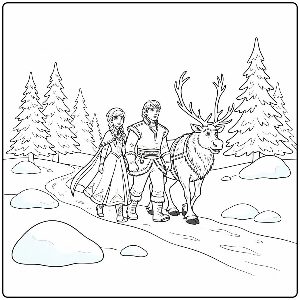 Fun Frozen Anna Kristoff and Sven in the Forest coloring page