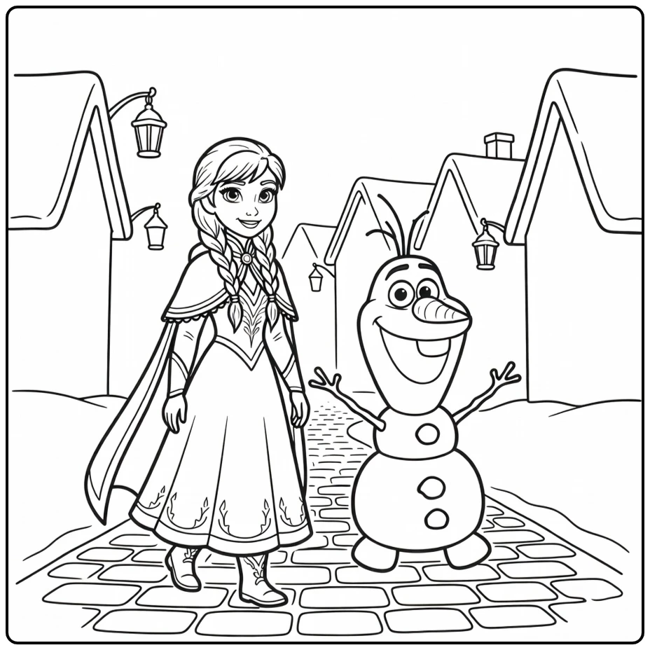 Fun Frozen Anna and Olaf in Arendelle coloring page