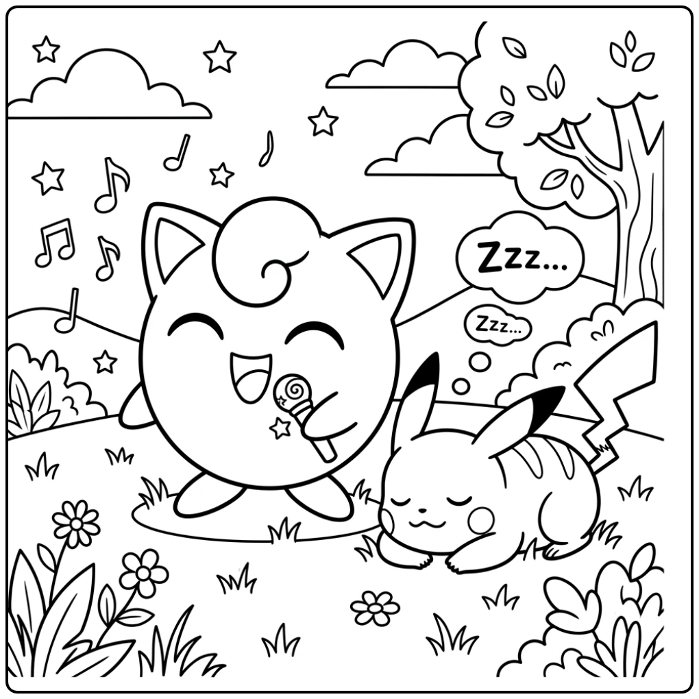 Fun Singing Jigglypuff and Sleeping Pikachu coloring page