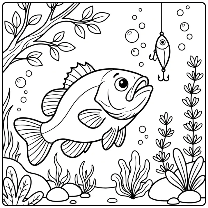 Fun Bass Underwater with Bubbles coloring page