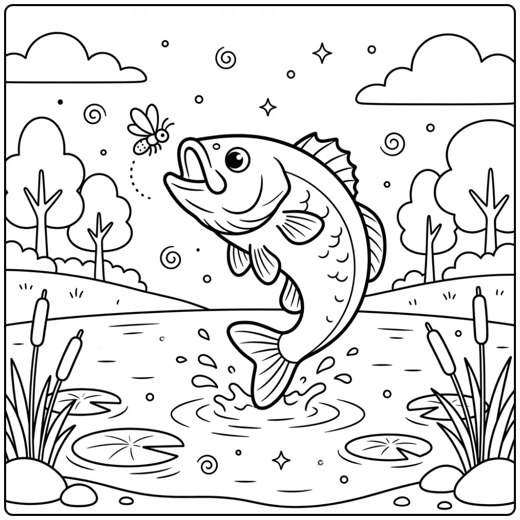 Fun Bass Catching an Insect Above the Lake coloring page