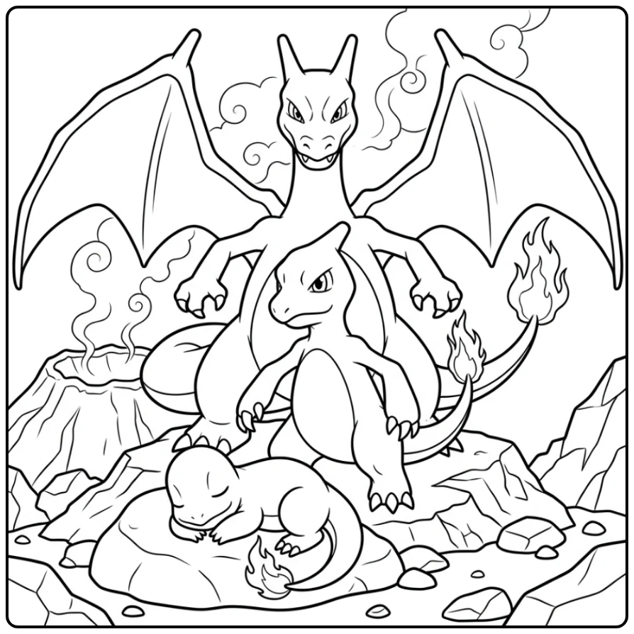 Fun Charmander Charmeleon Charizard Evolutions coloring page
