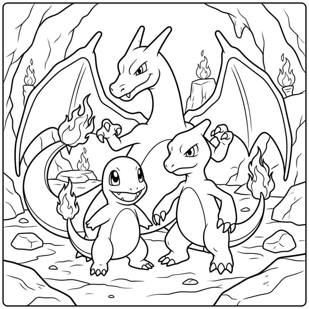 Fun Charmander Charmeleon Charizard Family coloring page