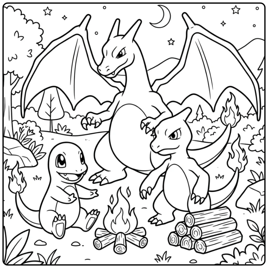 Fun Charmander Charmeleon Charizard in the Forest coloring page
