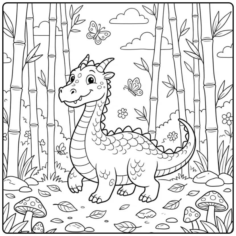 Fun Dragon in a Forest with Bamboo and Leaves coloring page