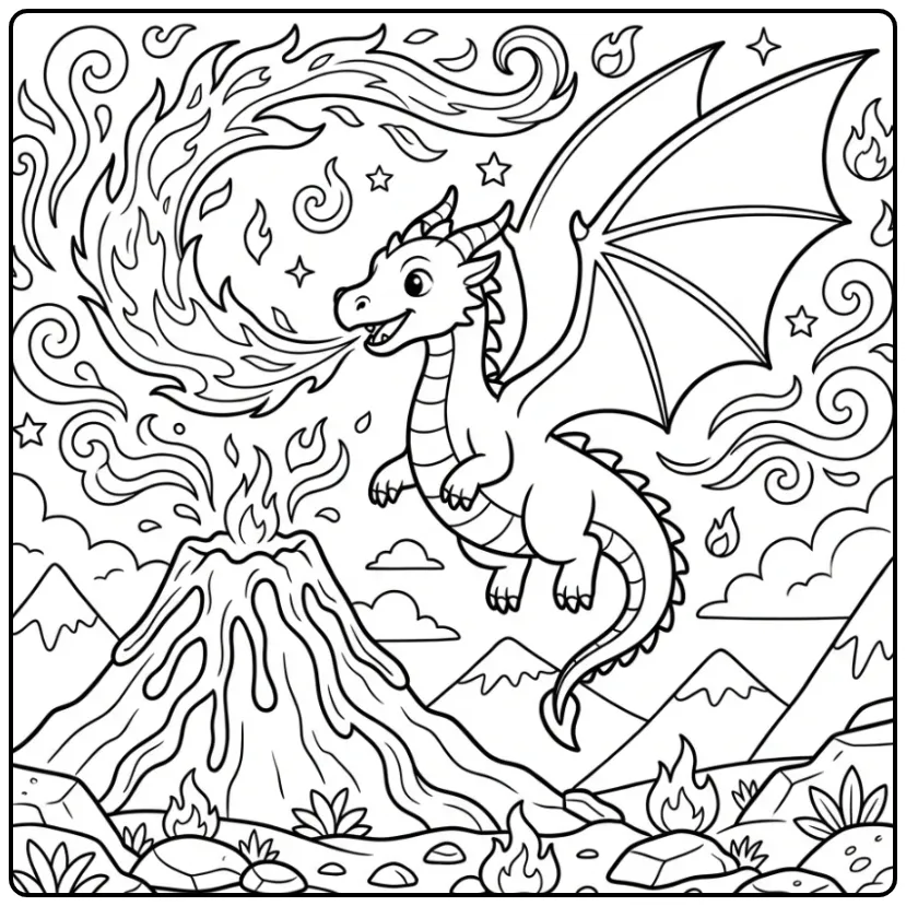 Fun Dragon with Fire and a Smoking Volcano coloring page