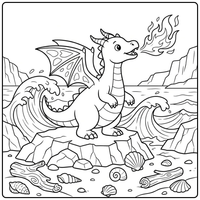 Fun Fire Dragon with Ocean Waves coloring page
