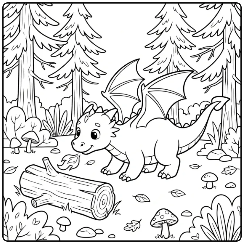Fun Dragon with Fire in the Forest coloring page