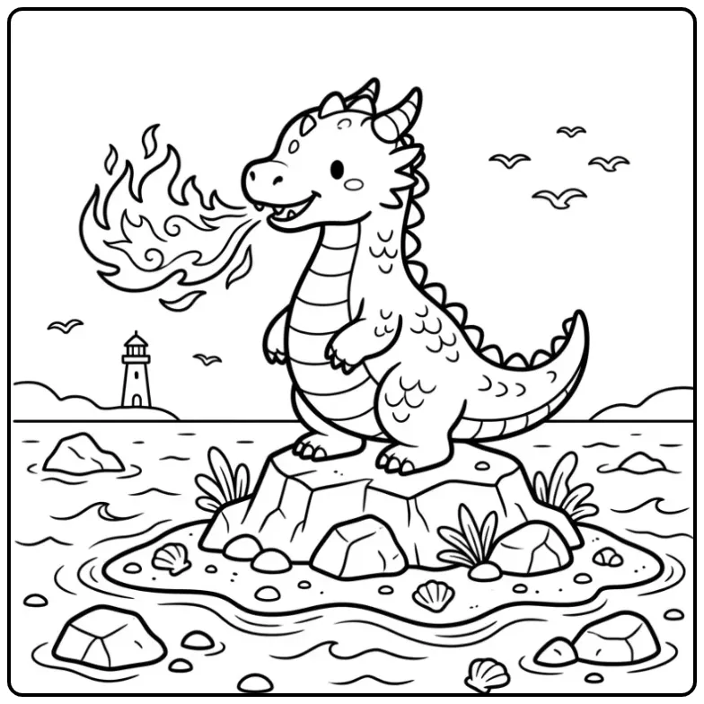 Fun Fire Dragon on a Rocky Island coloring page