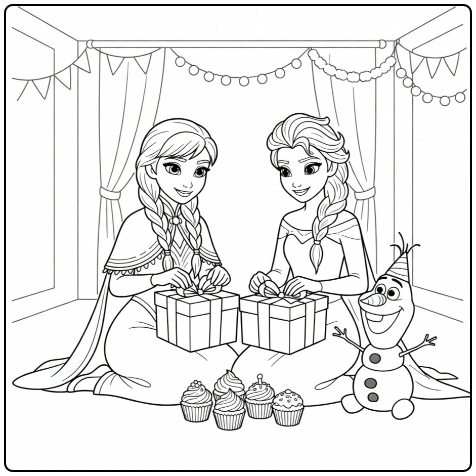 Fun Frozen Birthday with Gifts and Olaf coloring page