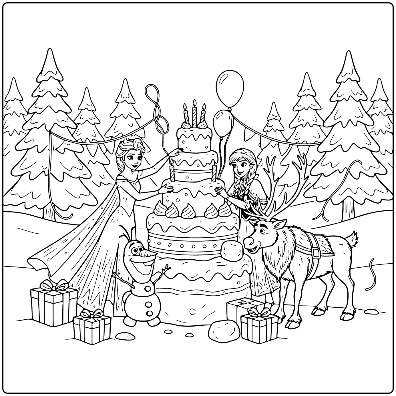 Fun Frozen Birthday with Olaf and Sven coloring page