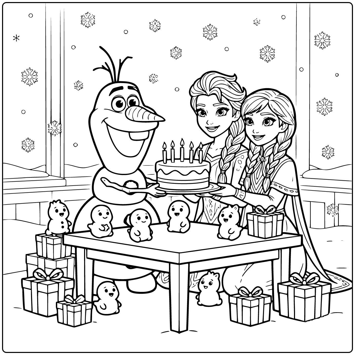 Fun Frozen Birthday Olaf Surprised Elsa coloring page