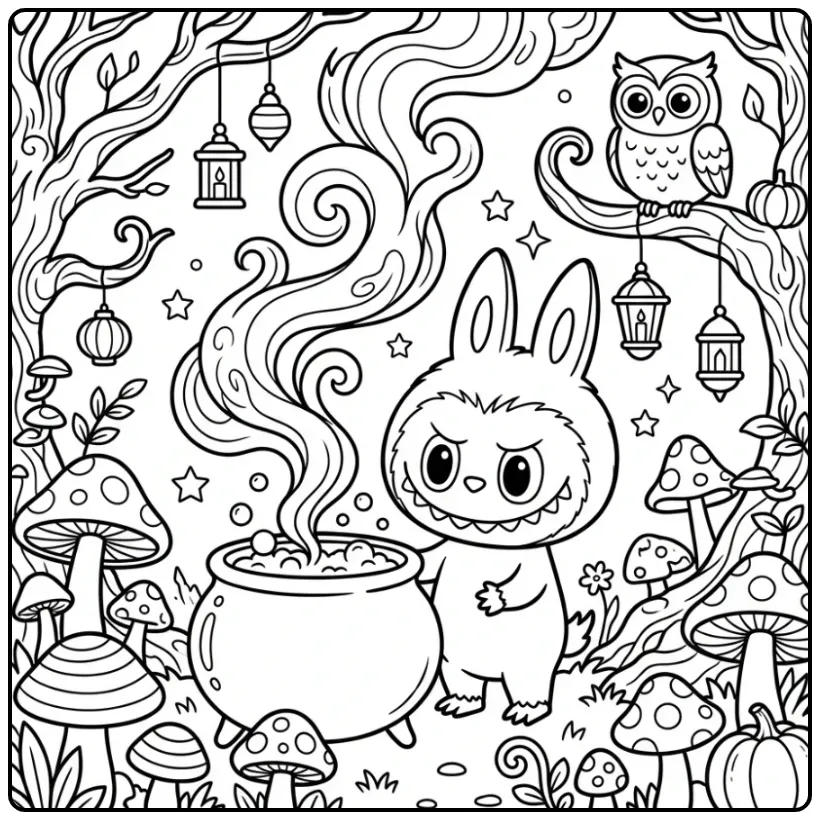 Fun Halloween Labubu with a Witch's Cauldron coloring page