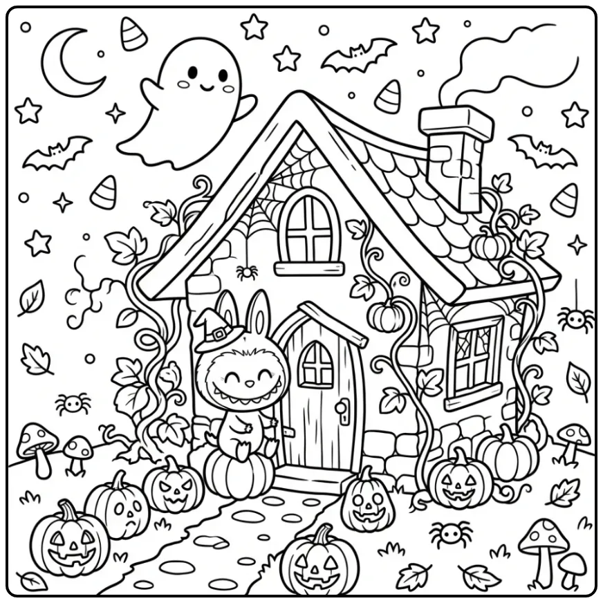 Fun Halloween Labubu with Pumpkins and a Ghost coloring page
