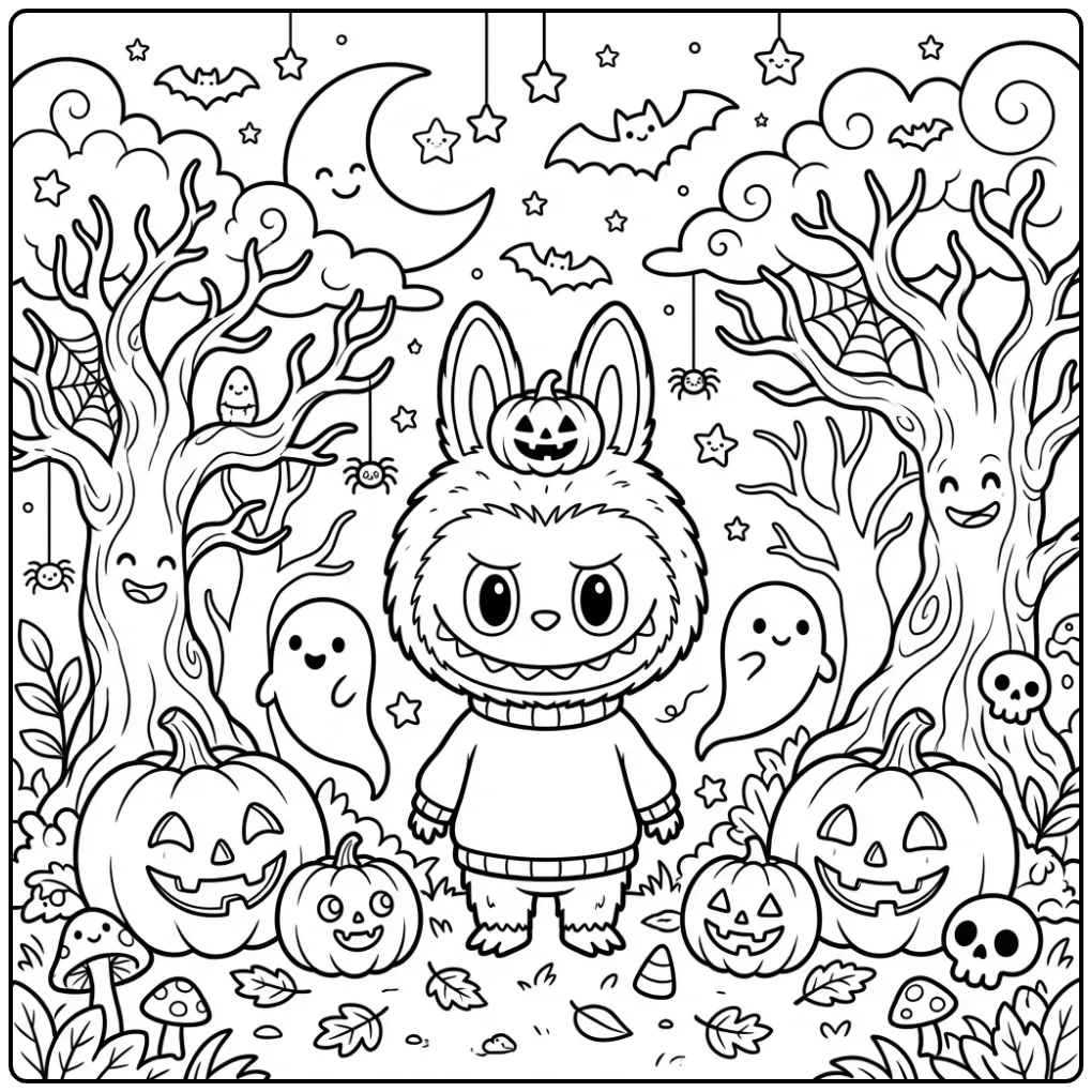 Fun Halloween Labubu with Little Ghosts and the Moon coloring page