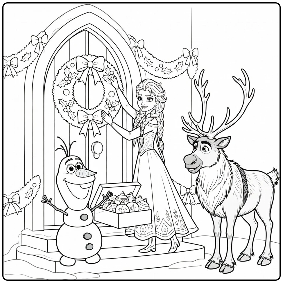 Frozen Christmas coloring page with a festive winter scene