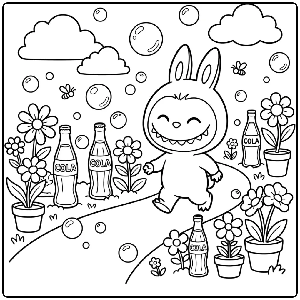 Fun Labubu Cola in a Garden Full of Bubbles coloring page