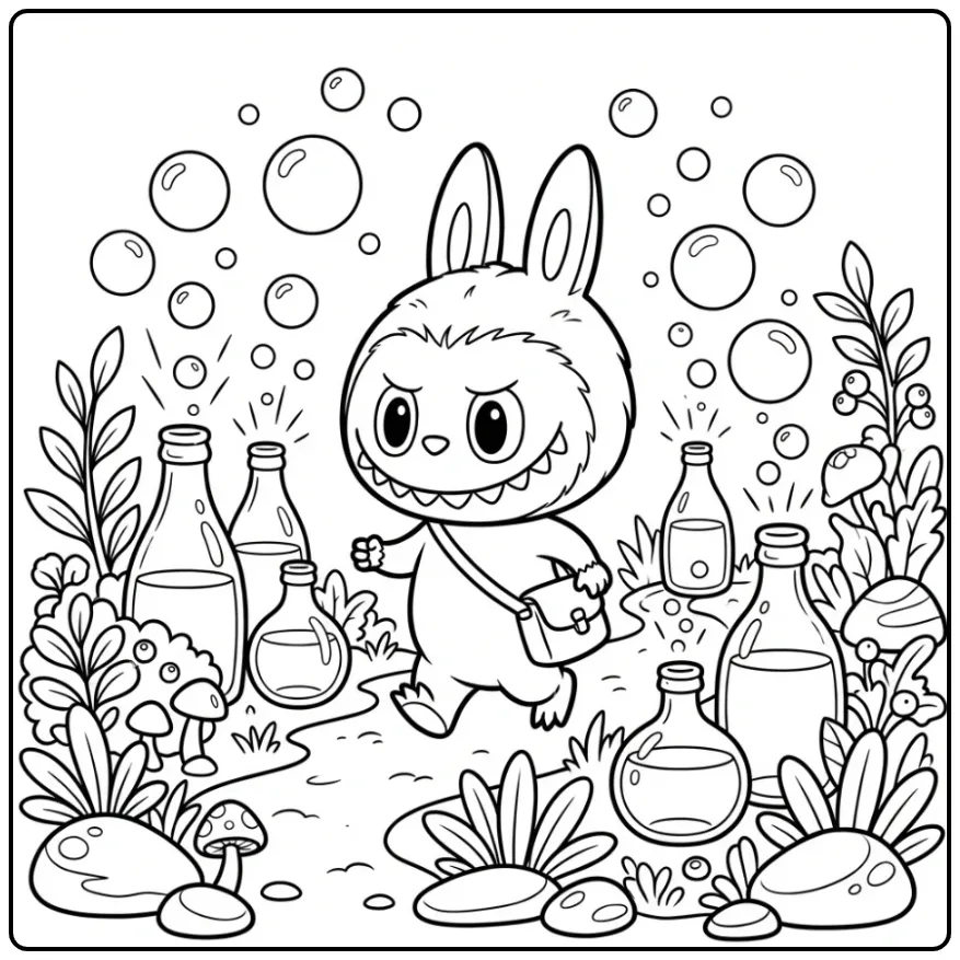 Fun Labubu Cola Walking Among the Bubbles coloring page