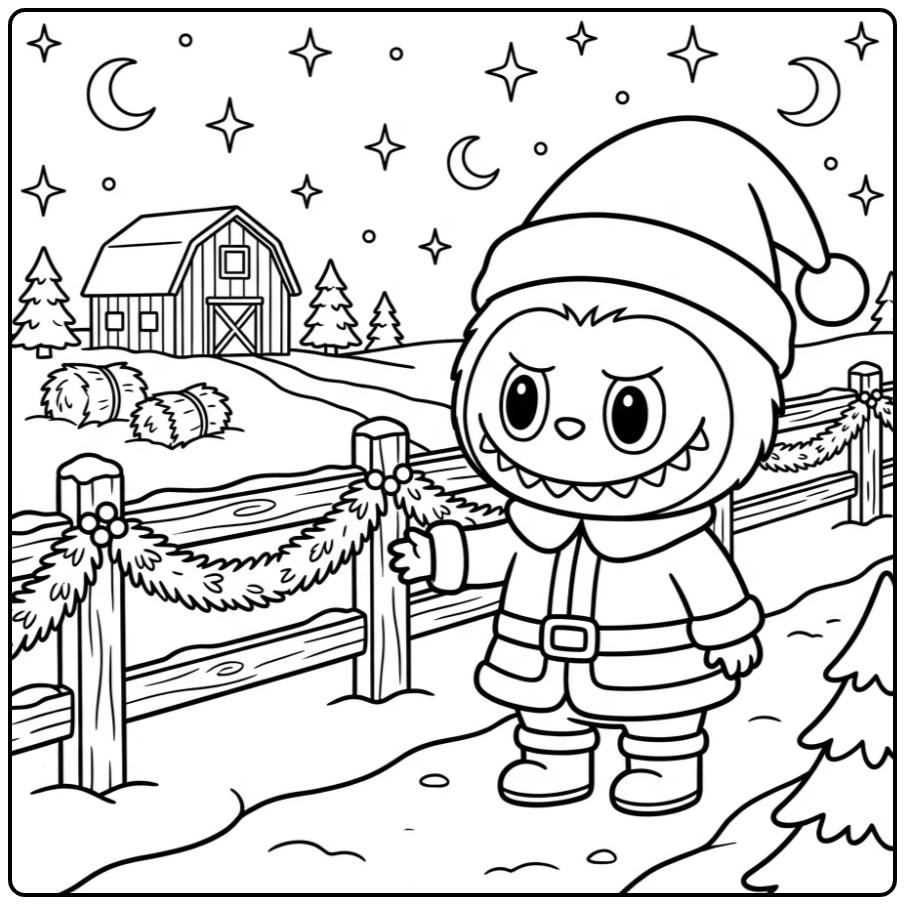 Fun Labubu Christmas on a Snowy Farm coloring page