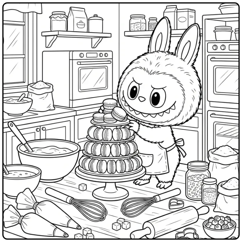 Fun Labubu Macaron Baking coloring page