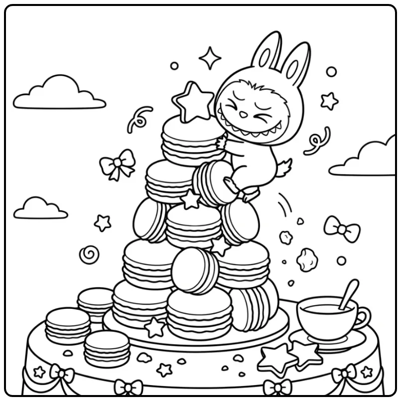 Fun Labubu Macaron on a Dessert Table coloring page