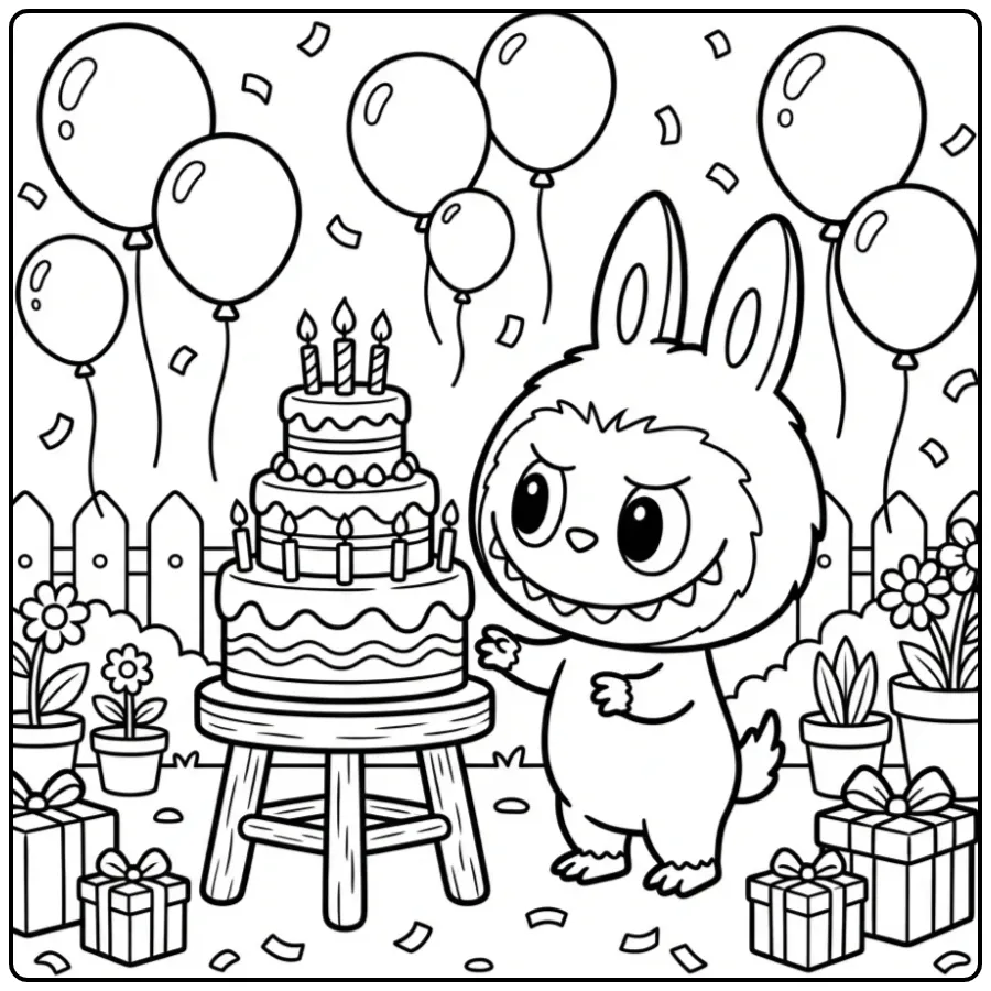 Fun Labubu Birthday in the Garden with Gifts coloring page