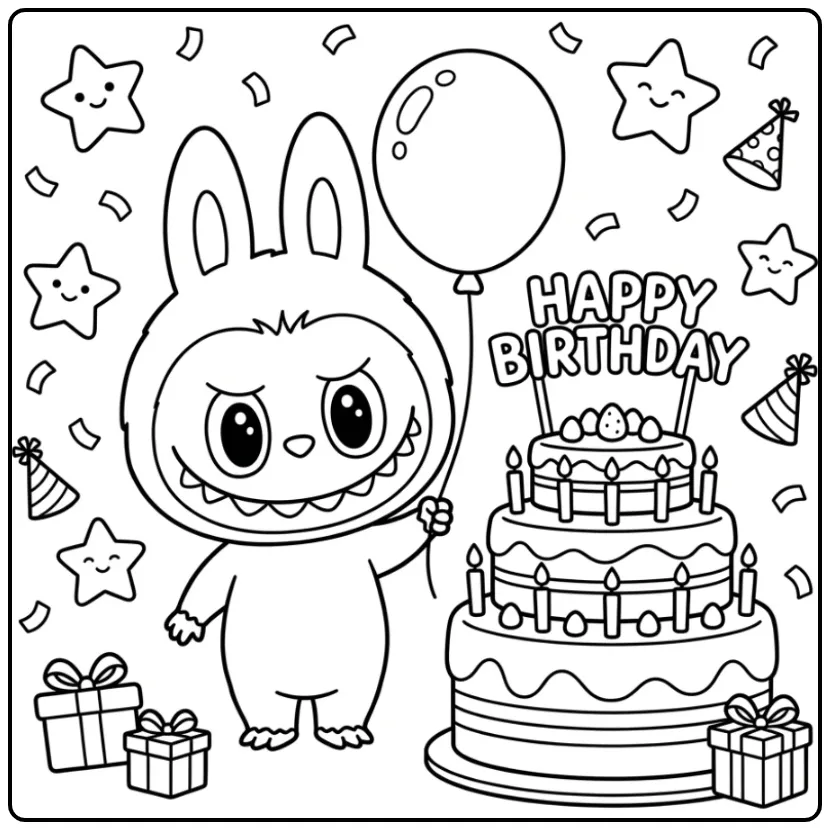 Fun Labubu Celebrating with Birthday Cake coloring page