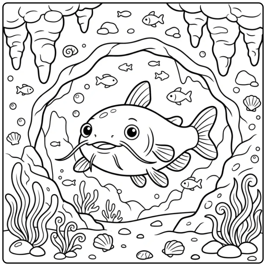 Fun Catfish in an Underwater Cave for Children coloring page