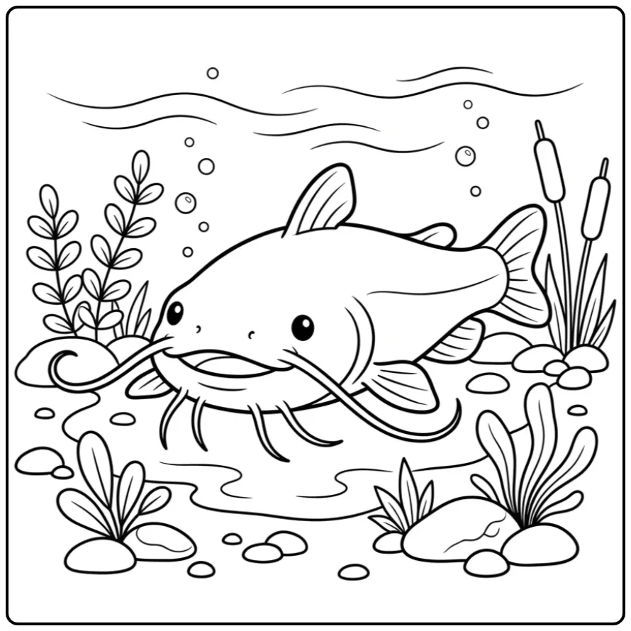 Fun Catfish on the Riverbed coloring page