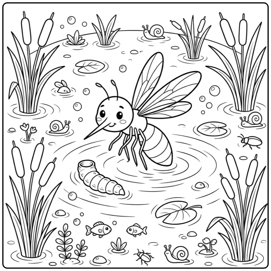 Mosquito coloring page featuring a mosquito emerging from pond water