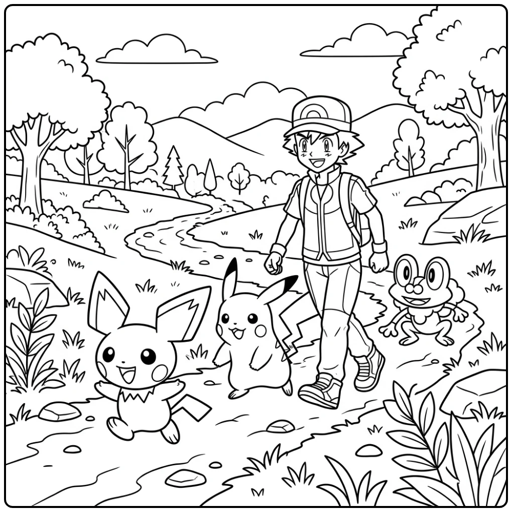 Fun Pichu Adventure with Ash and Froakie coloring page