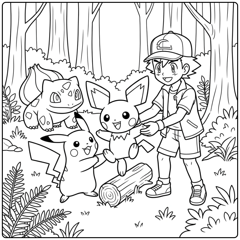 Fun Pichu Balancing with Pikachu and Ash coloring page