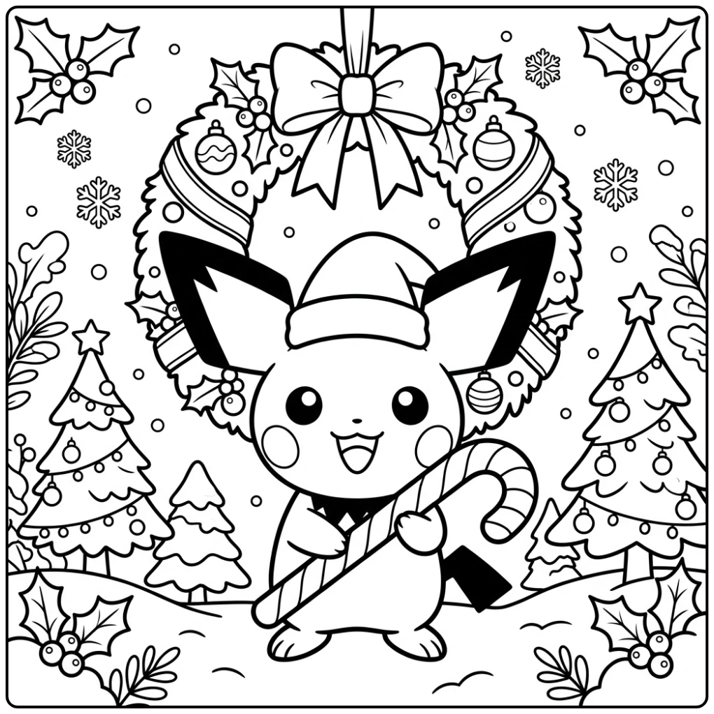 Fun Pichu Christmas Under a Beautiful Wreath coloring page