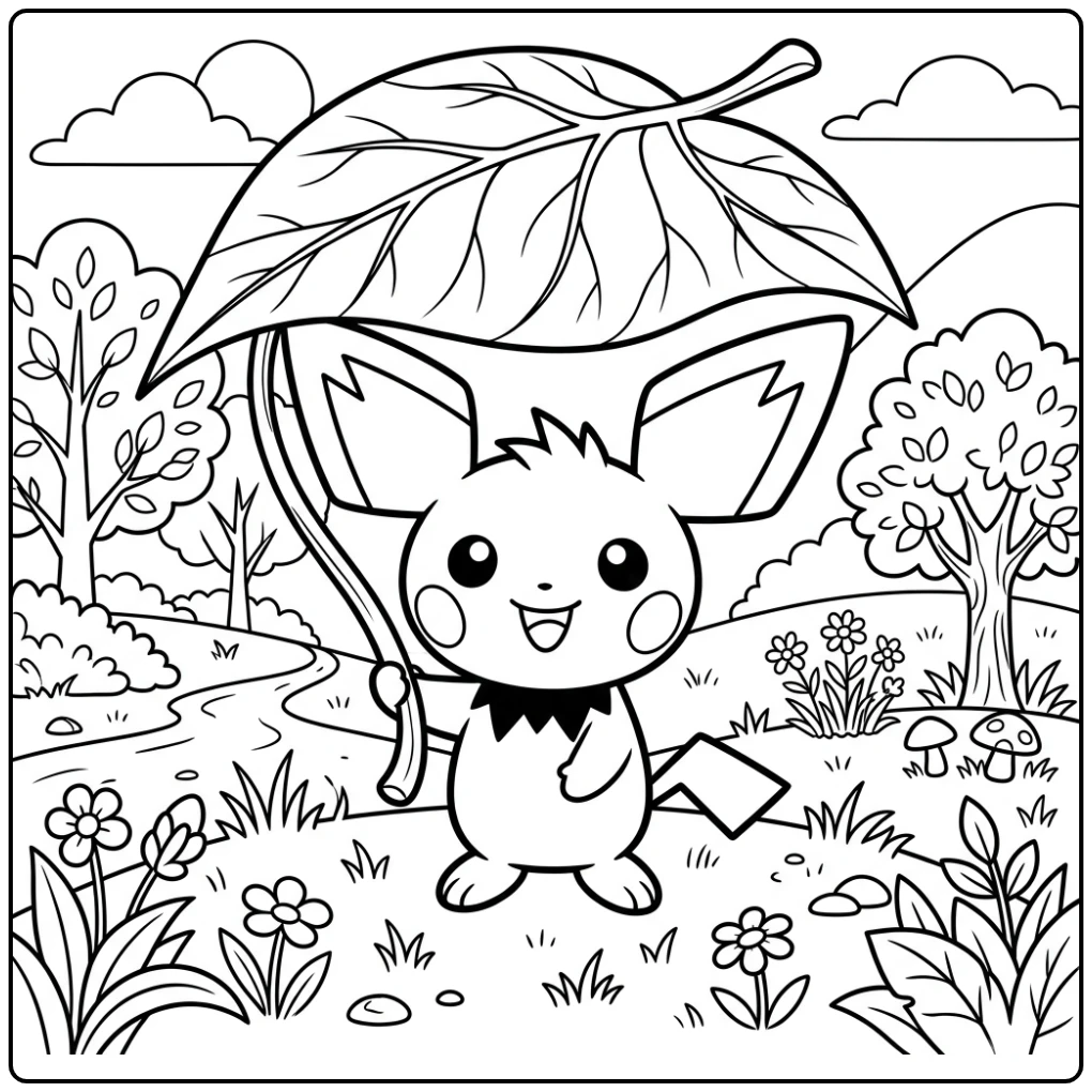 Fun Pichu Using a Leaf as a Natural Umbrella coloring page