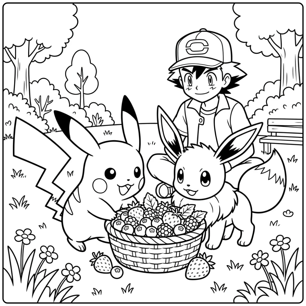 Fun Pichu with Eevee and a Basket Full of Berries coloring page