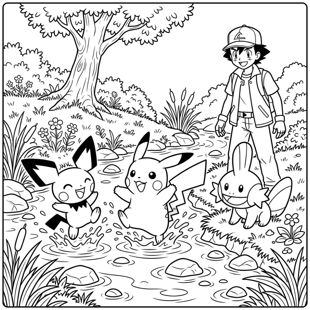Fun Pichu with Pikachu Ash and Mudkip coloring page