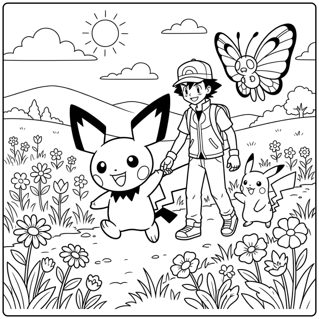 Fun Pichu with Friends in a Flower Meadow coloring page